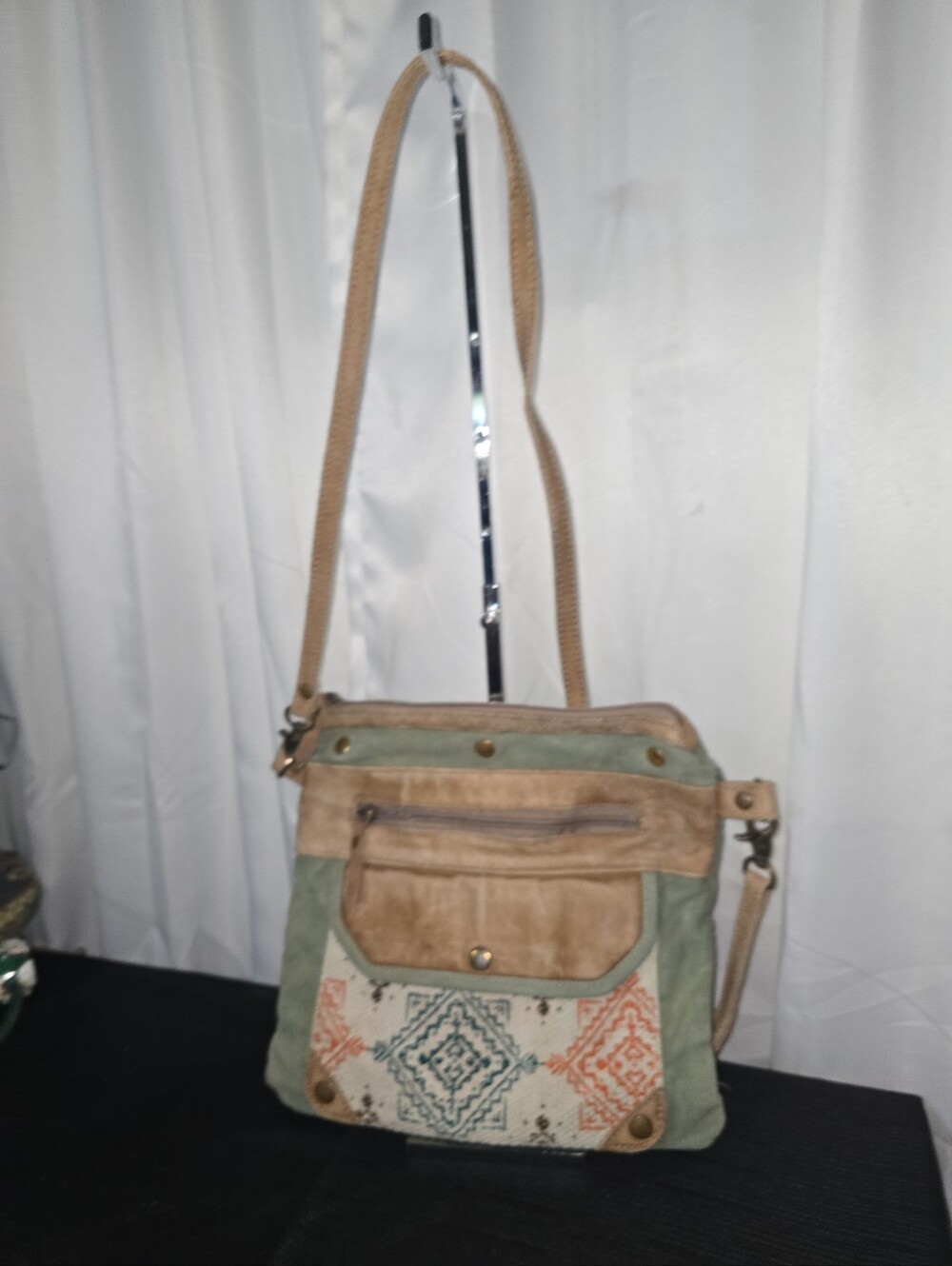BRAYAN BAGS DENIMS Green & Tan Crossbody Bag with Aztec Accent
